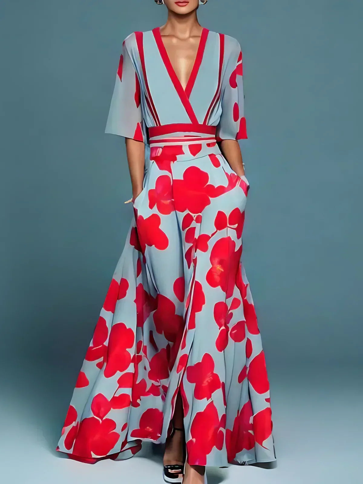 Women's floral wrap maxi dress with V-neckline, three-quarter sleeves and flared skirt