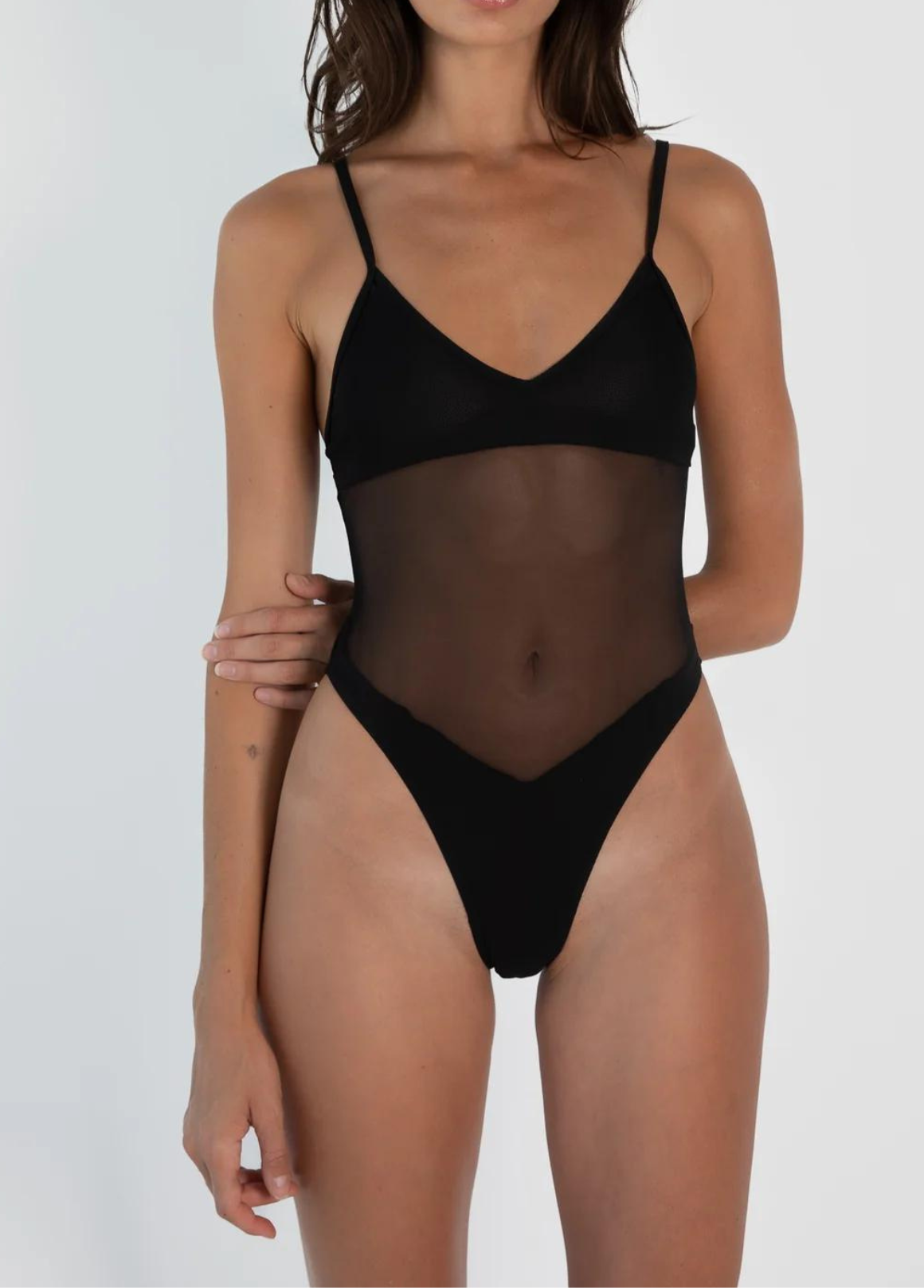 Women's black one-piece swimsuit with V-neck, spaghetti straps and mesh waist panel