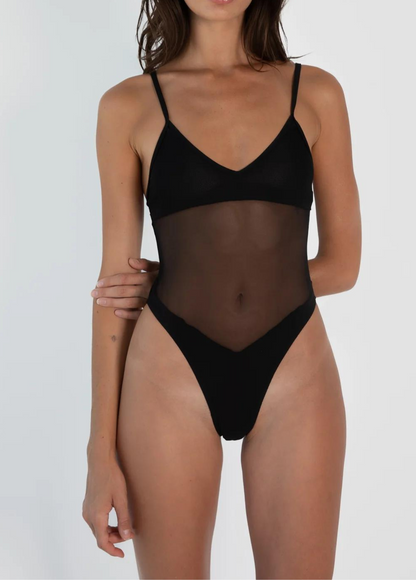 Women's black one-piece swimsuit with V-neck, spaghetti straps and mesh waist panel