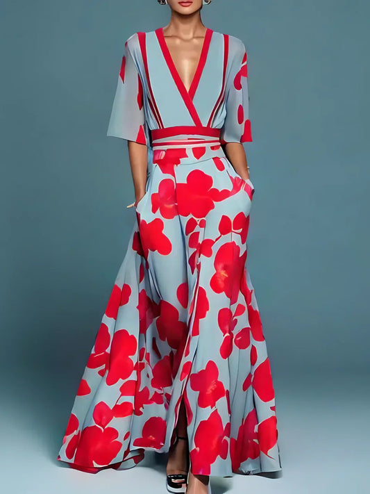 Women's floral wrap jumpsuit with V-neckline, three-quarter sleeves and wide legs