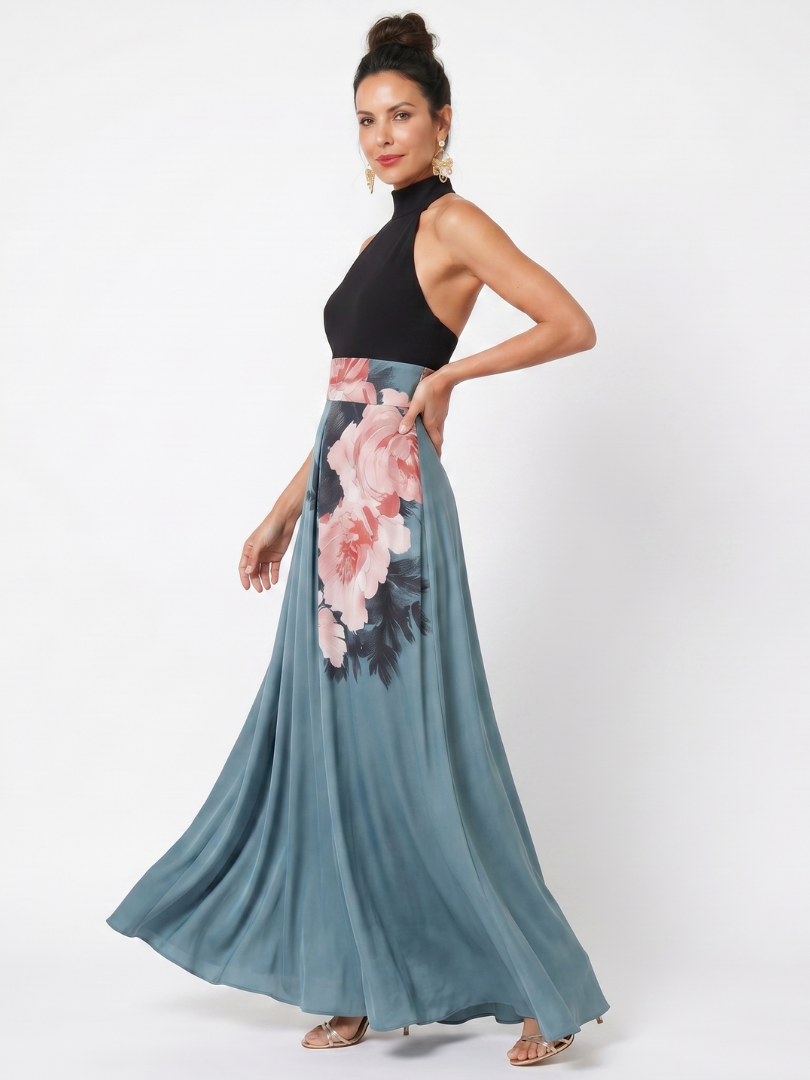 Women's floral halter maxi dress with sleeveless bodice and flowing split skirt
