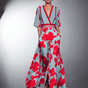 Women's floral wrap jumpsuit with wide legs, 3/4 sleeves and V-neckline