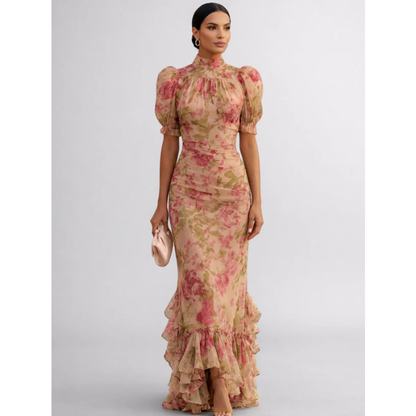Women's pink floral maxi dress with high neck, puff sleeves and ruffled hem