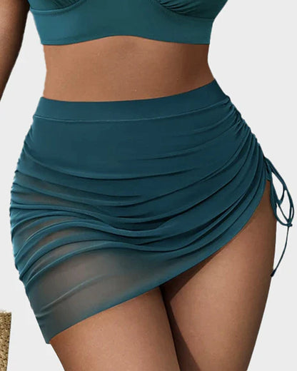 Women's mesh high-waisted bikini set with V-neck top and sheer mesh panels
