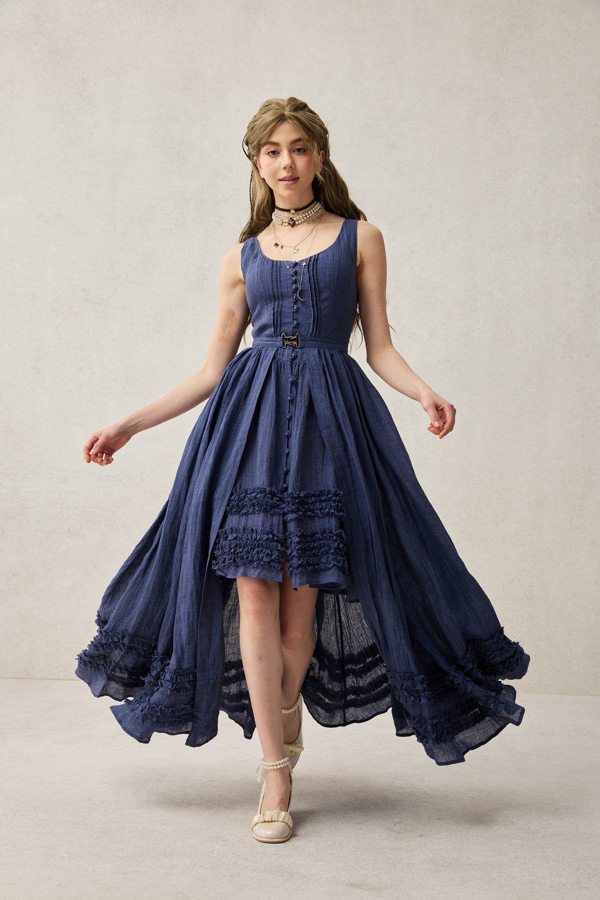 Women's sleeveless ruffled two-piece dress and skirt set with square neckline