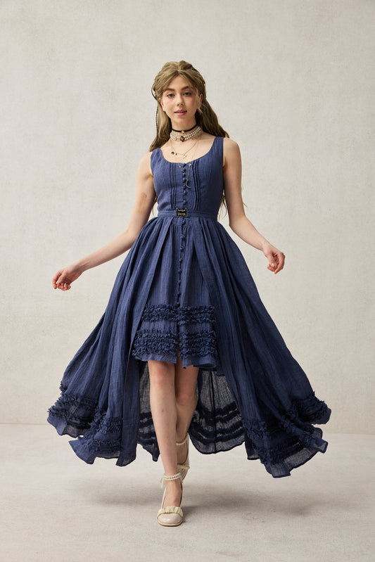 Women's sleeveless ruffled two-piece dress and skirt set with square neckline