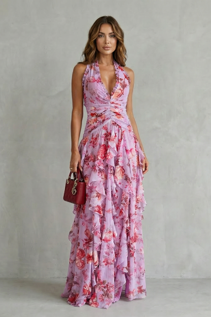 Vestido largo halter de flores de mujer con cintura fruncida y falda de volantes