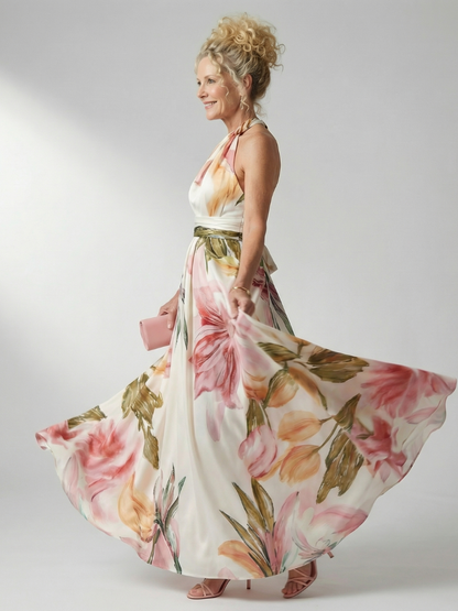 Women's floral halter maxi dress with a flowing full-length skirt