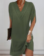 Women's plain V-neck mini dress with split short sleeves