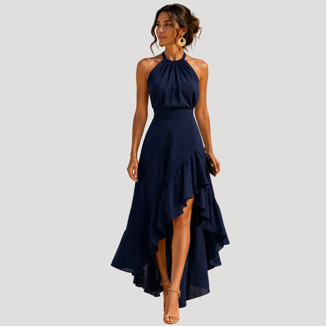 Women's sleeveless halter maxi dress with layered high-low ruffle skirt