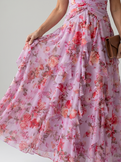 Women's floral halter maxi dress with ruched bodice and layered ruffled skirt