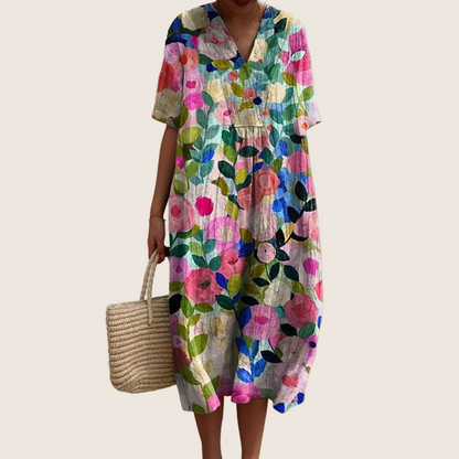 Women's floral V-neck midi dress with short sleeves and button front
