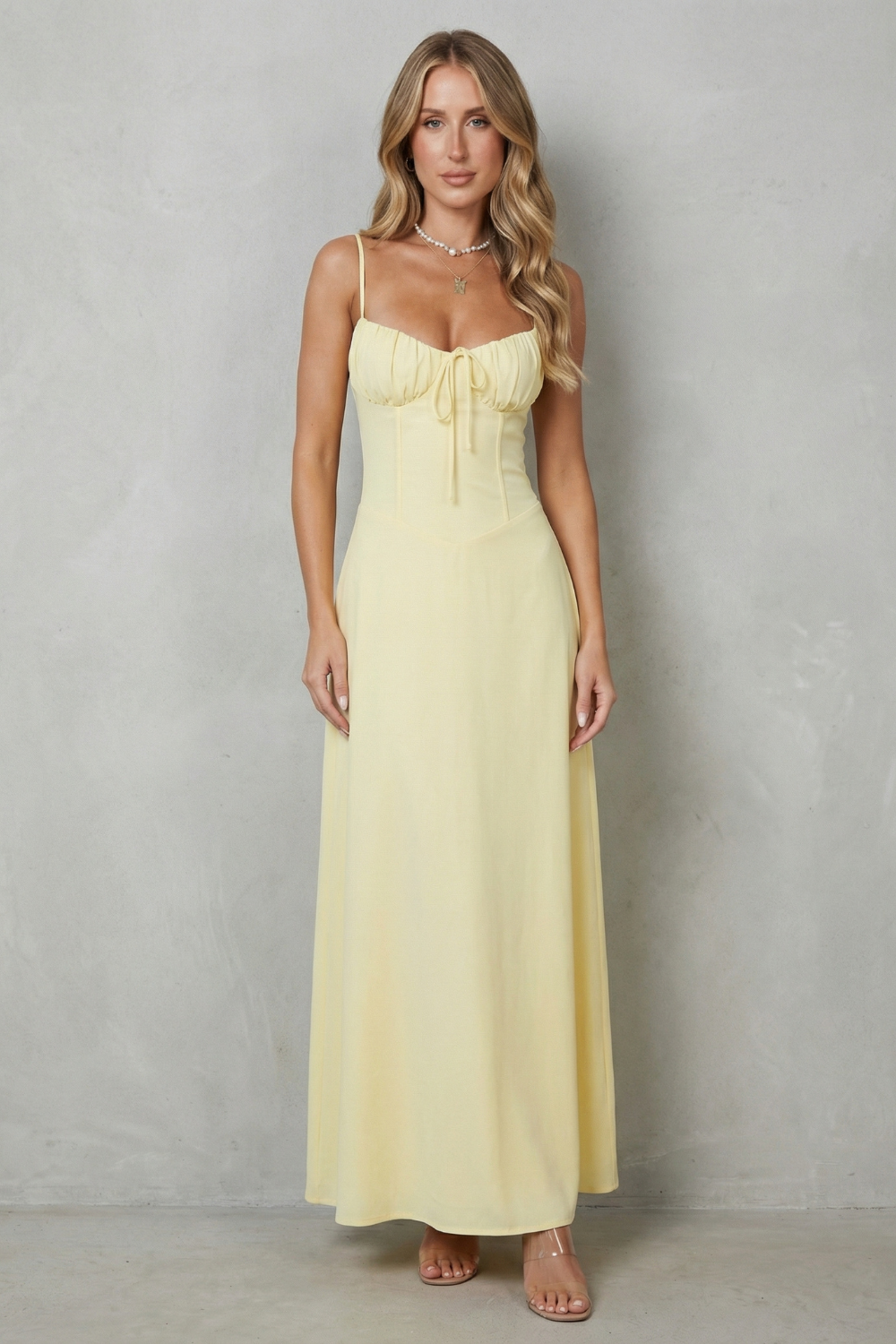 Women's sleeveless corset maxi dress with ruched cups and tie front