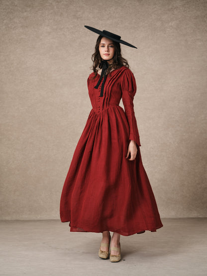 Women's tailored button-front corset maxi dress with long puff sleeves and a full gathered skirt