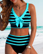 Women's striped bikini set with V-neck top, front bow and high-waisted briefs