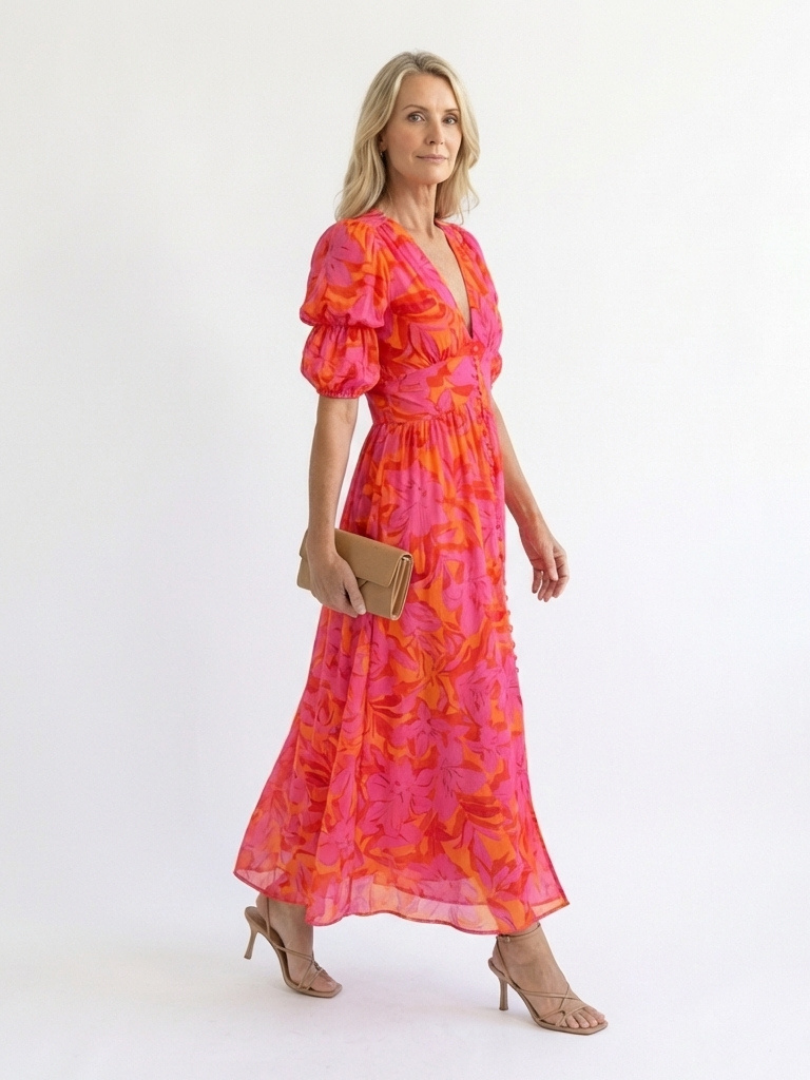 Women's pink floral midi dress with V-neck and short puff sleeves