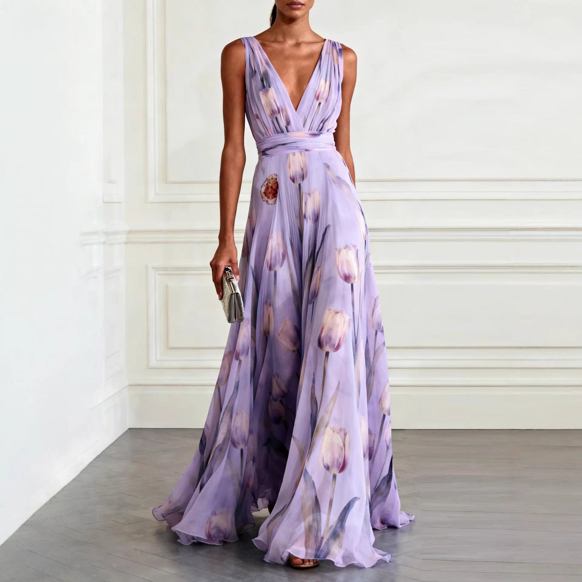 Women's sleeveless floral wrap maxi dress with a V-neckline and flowing full-length skirt