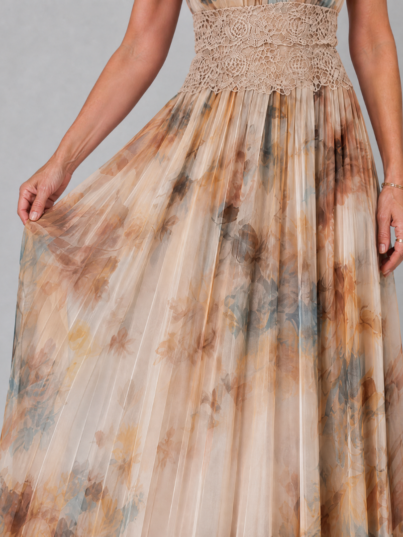 Vestido largo de flores de mujer con cuello halter y cintura de encaje, sin mangas