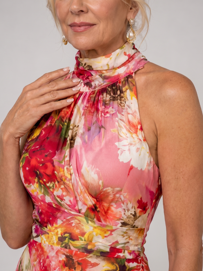 Women's multicoloured floral halter maxi dress with draped skirt