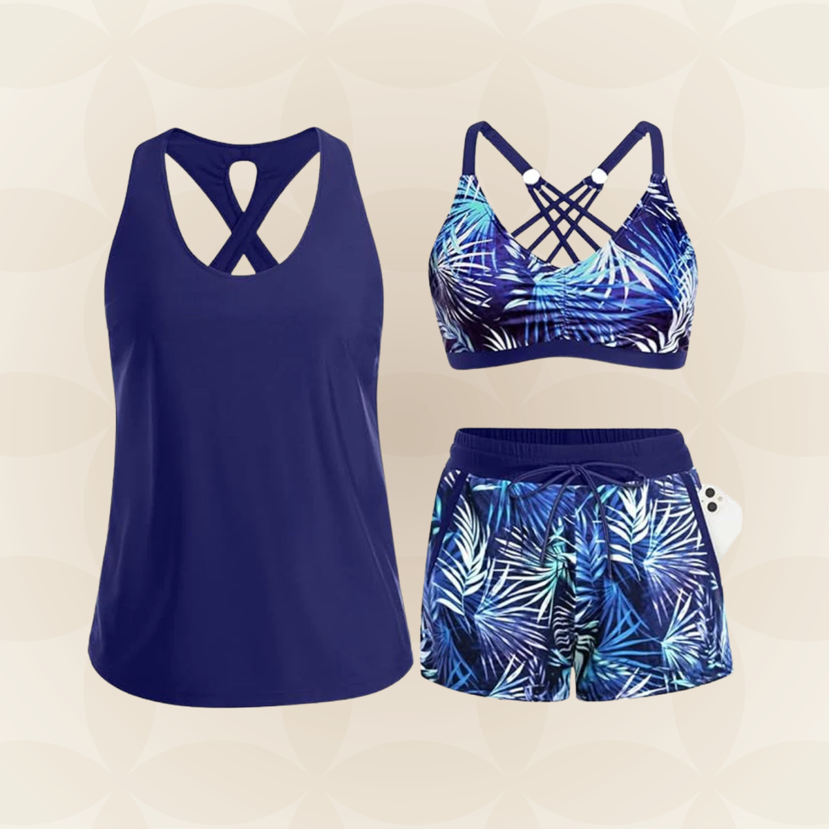 Women's palm print swimwear set with crossed back tops and drawstring shorts
