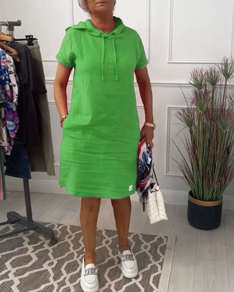 Women's short-sleeved hooded casual dress with front pouch pocket
