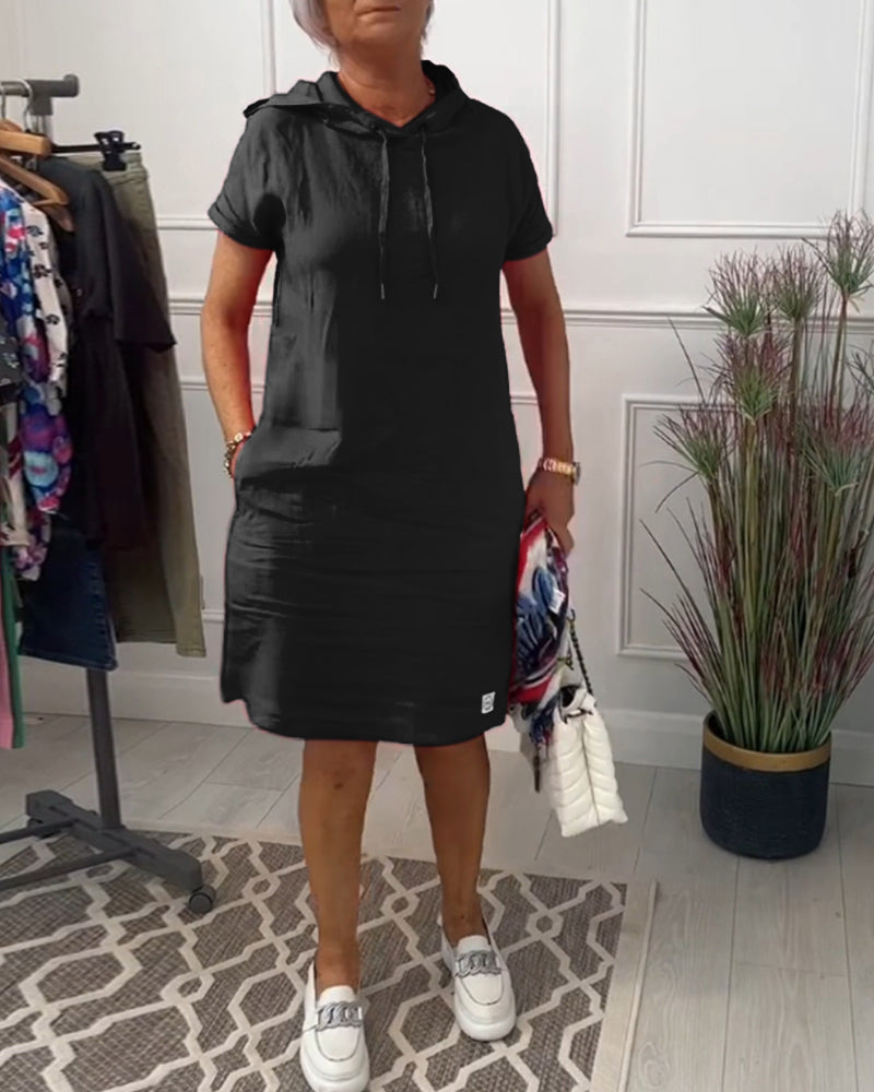 Women's short-sleeved hooded casual dress with front pouch pocket