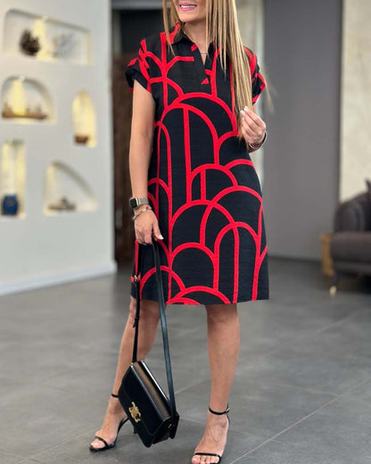 Women's geometric shift dress with collar and short sleeves