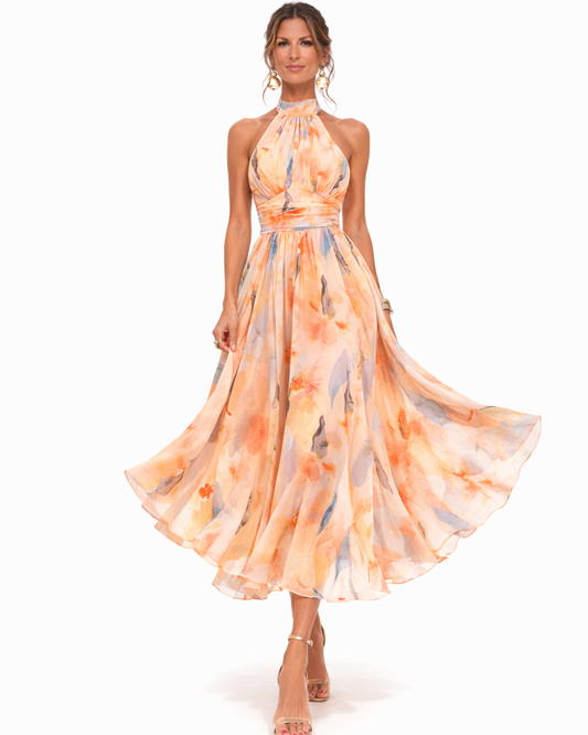 Women's multicoloured watercolour halter midi dress with a full flared skirt