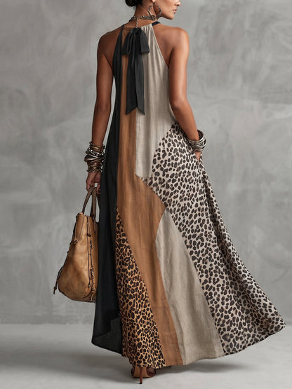 Vestido largo con cuello halter y paneles de leopardo de mujer, sin mangas y asimétrico