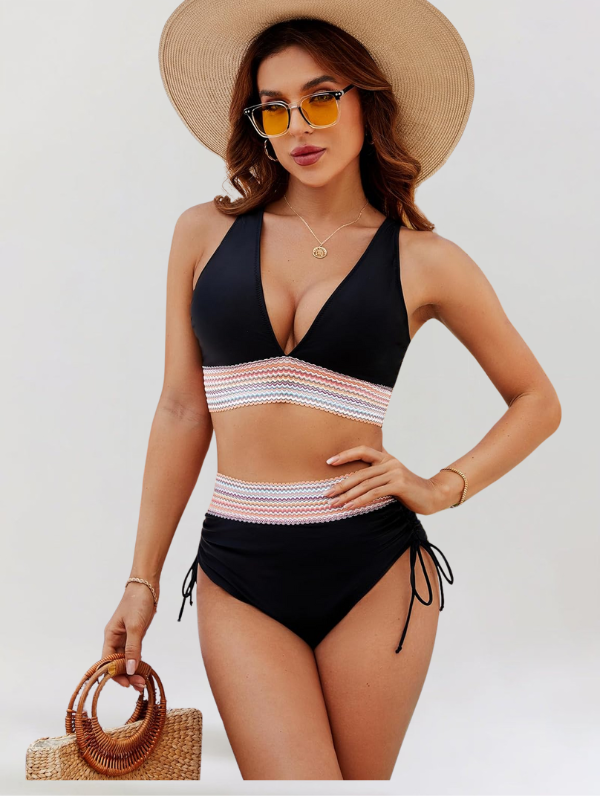 Women's high-waisted bikini set with striped trim and side ties