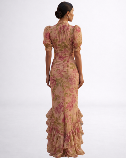 Women's pink floral maxi dress with high neck, puff sleeves and ruffled hem