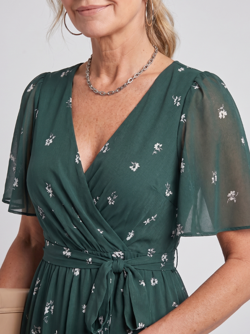 Women's floral wrap midi dress with flutter sleeves and tie waist