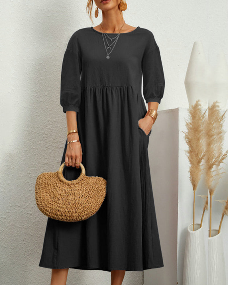 Women's plain A-line midi dress with round neck, 3/4 sleeves and side pockets