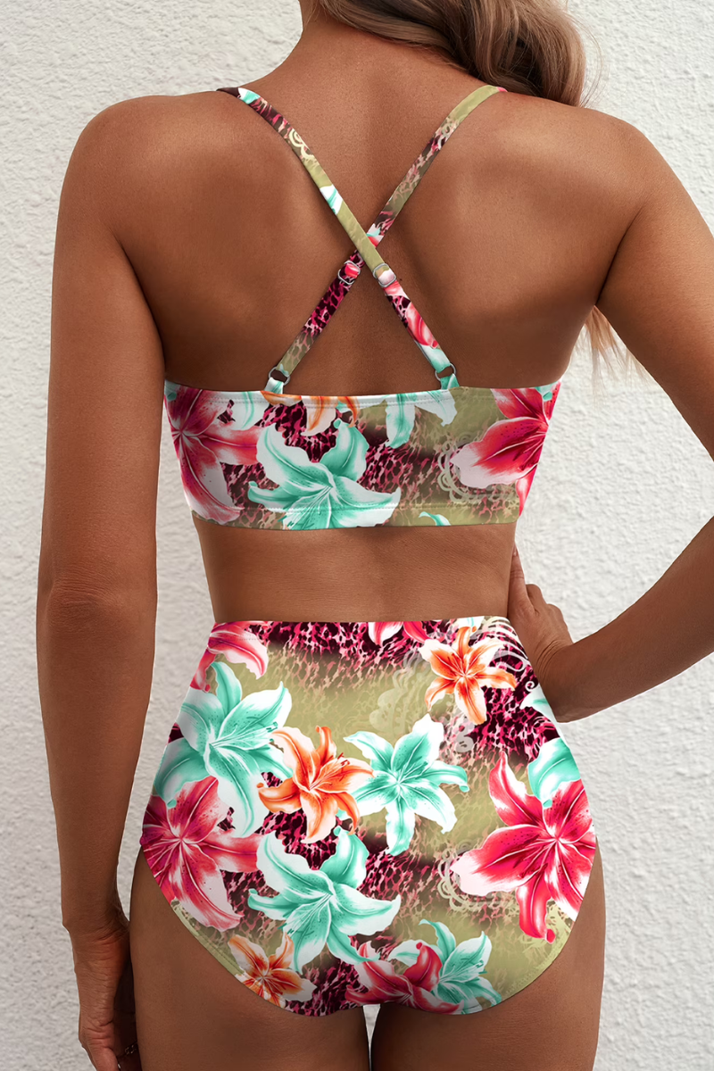 Women's patterned two-piece bikini with V-neck top, metallic centre trim and high-waisted bottoms