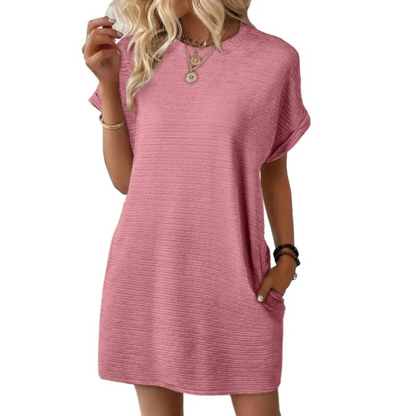 Women's textured crew-neck mini dress with short sleeves and side pockets