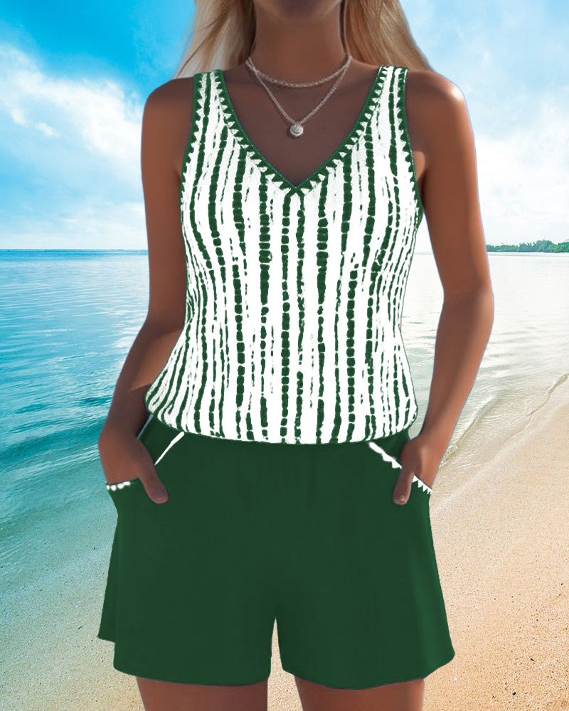 Women's striped V-neck two-piece swimsuit with sleeveless top and shorts