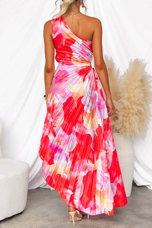 Women's red and pink floral asymmetric sleeveless maxi dress with pleated skirt