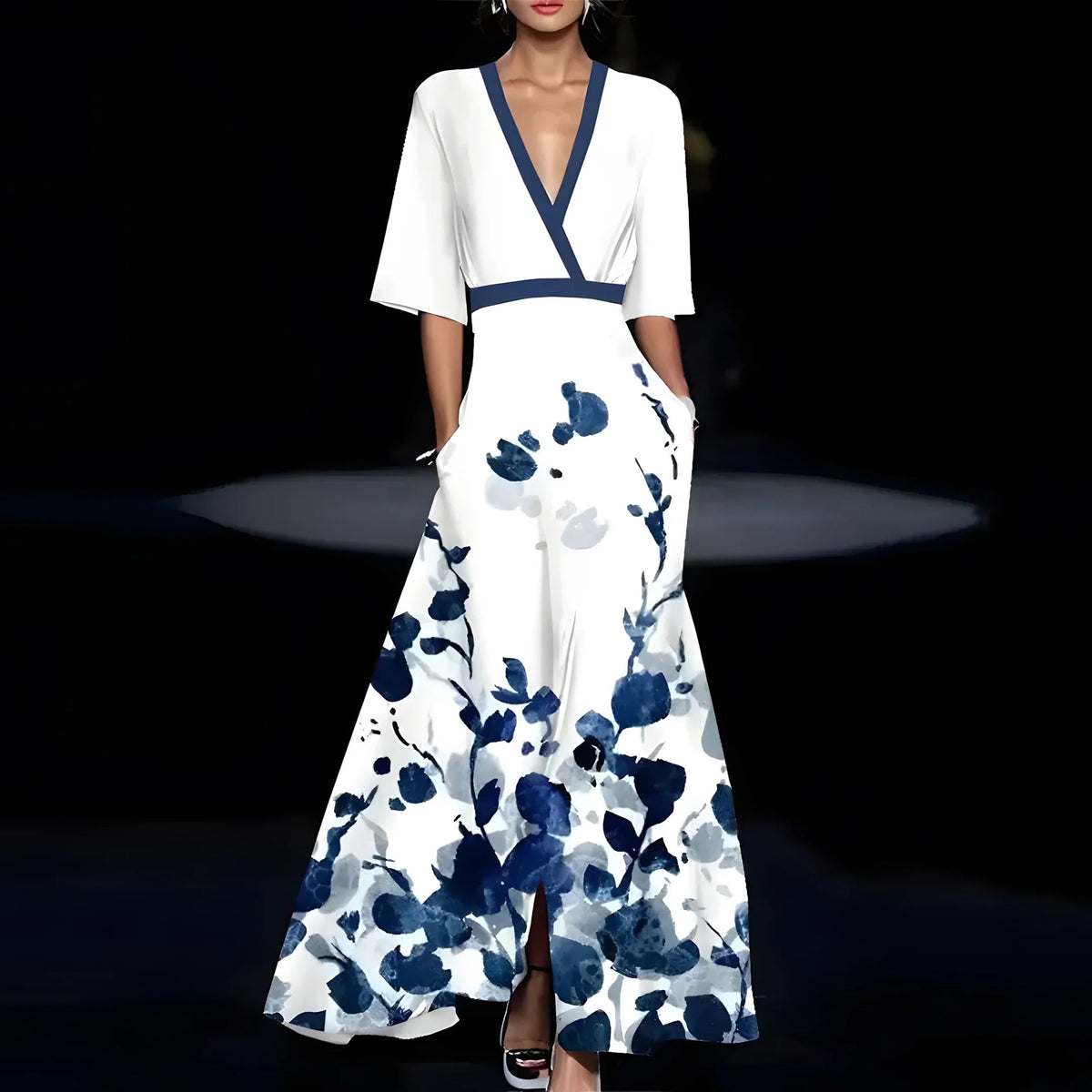 Women's floral wrap maxi dress with V-neckline, three-quarter sleeves and flared skirt