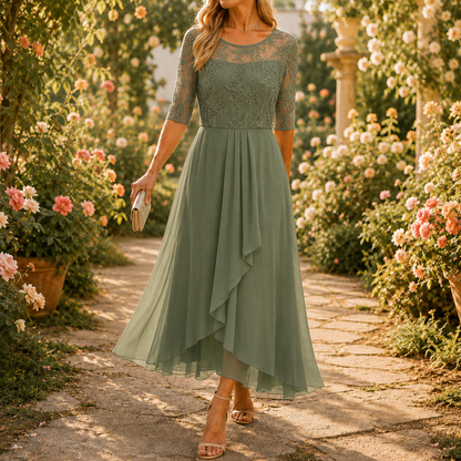 Women's floral lace bodice midi dress with three quarter sleeves and pleated ruffle skirt