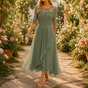 Women's floral lace bodice midi dress with three quarter sleeves and pleated ruffle skirt