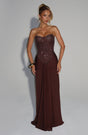 Women's strapless sequined maxi dress with sweetheart neckline and draped floor-length skirt