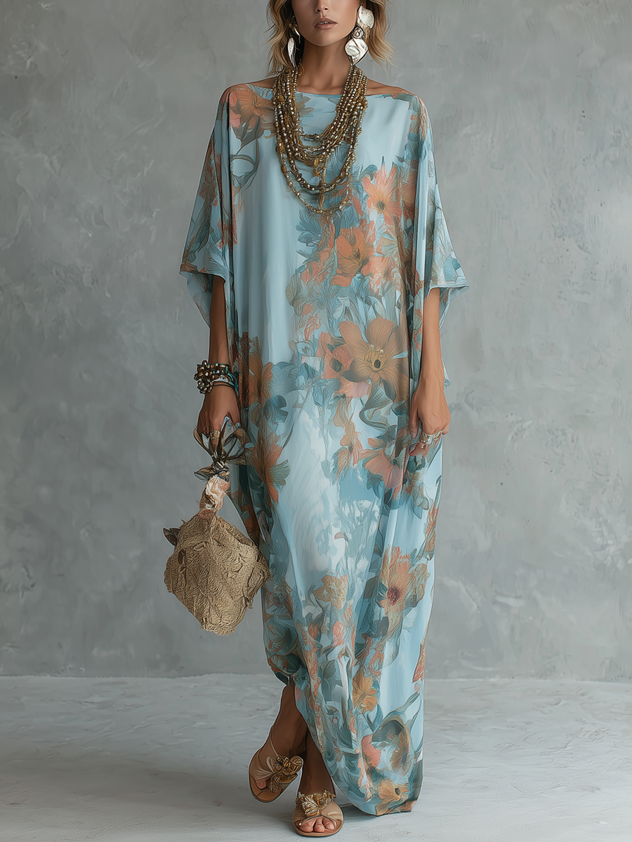 Women's blue floral kaftan maxi dress with wide 3/4 sleeves