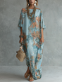 Women's blue floral kaftan maxi dress with wide 3/4 sleeves
