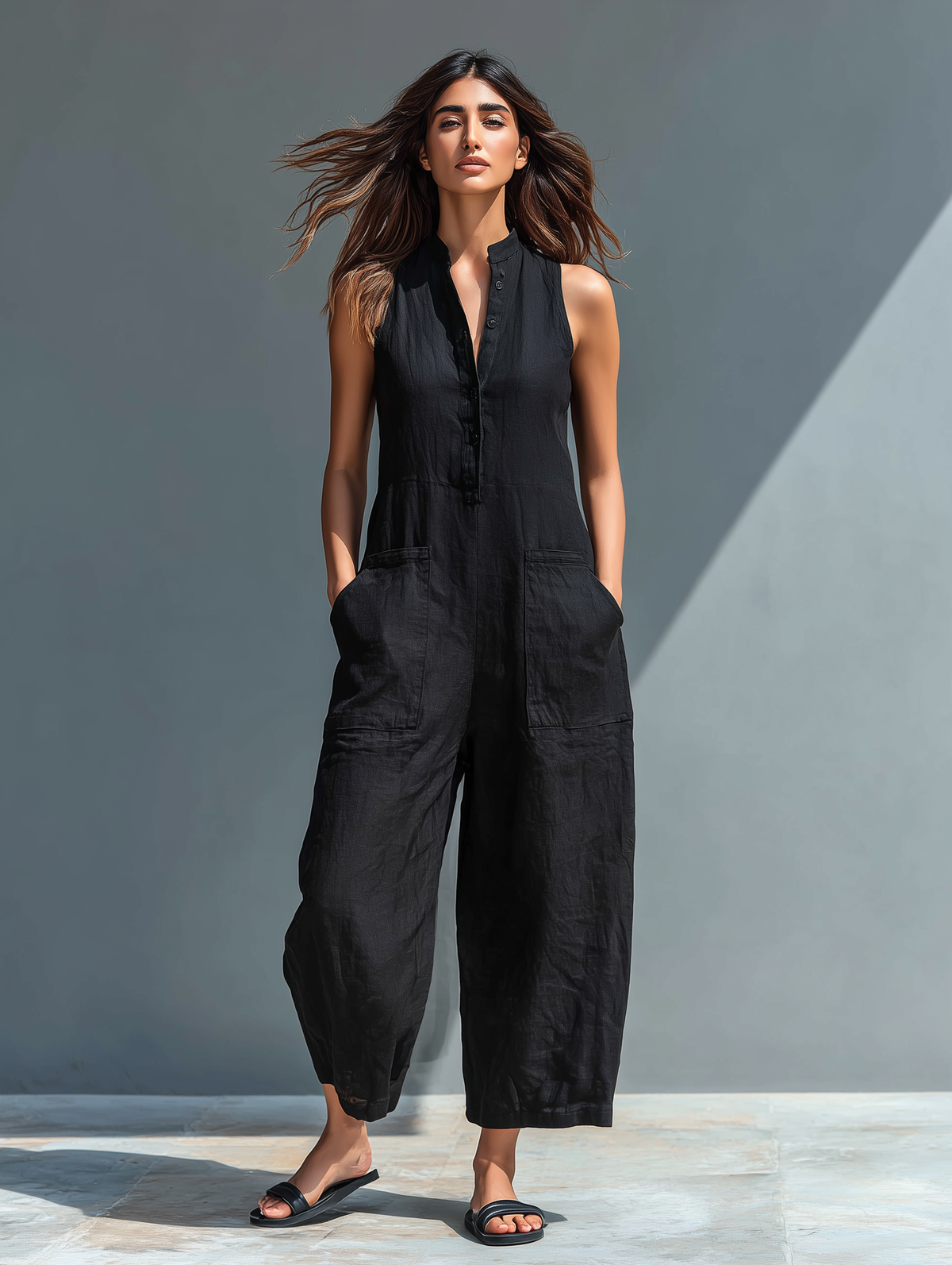 Women's sleeveless button-front utility jumpsuit with wide cropped legs and patch pockets