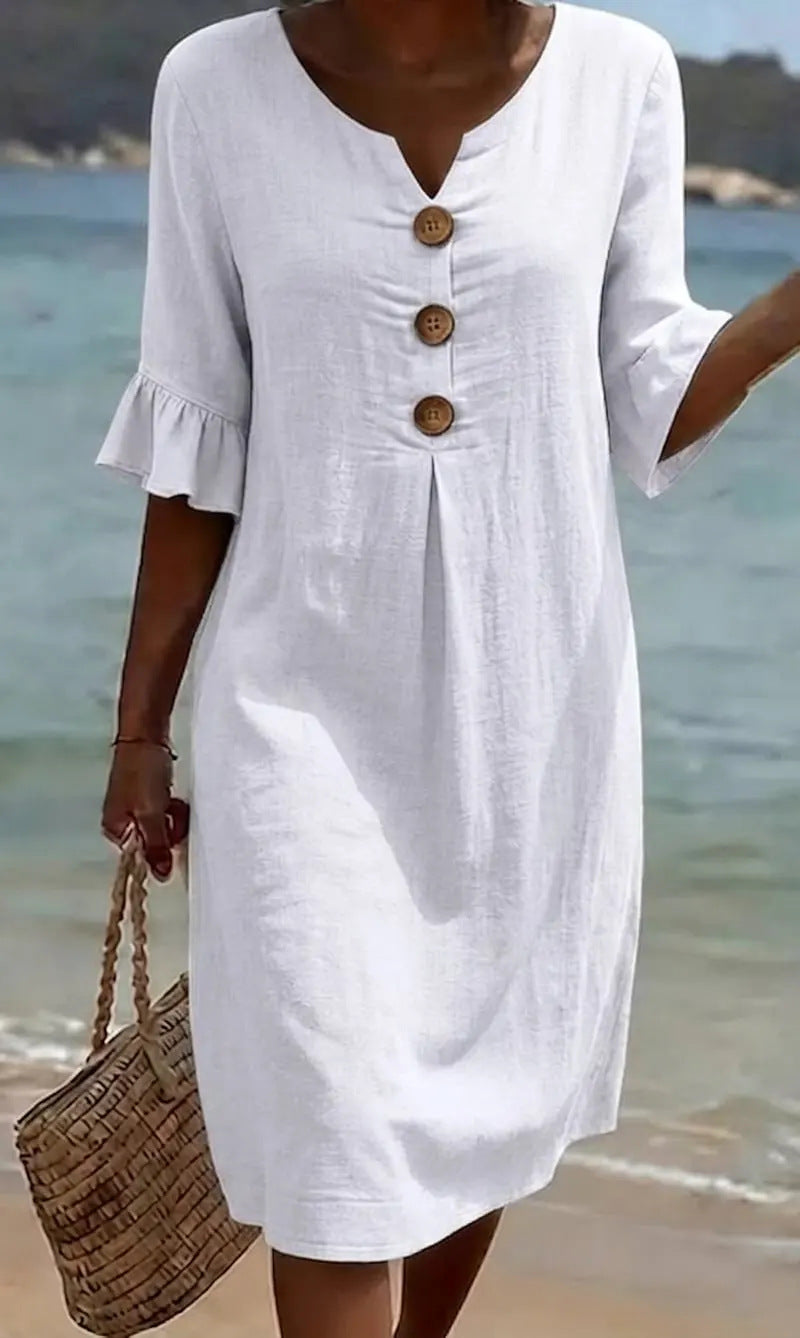 Women's relaxed knee-length button-front dress with split neckline and elbow-length sleeves