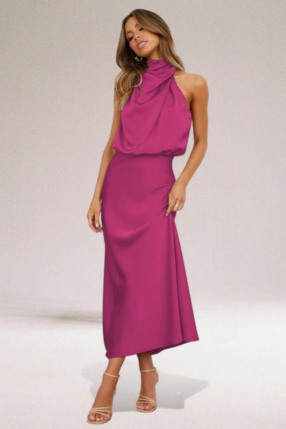 Vestido largo halter drapeado de mujer sin mangas y ajustado