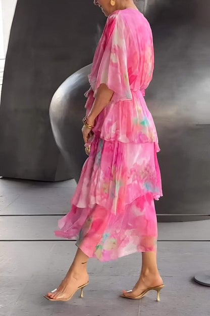 Women's abstract wrap maxi dress with V-neckline, short sleeves and layered ankle-length hem