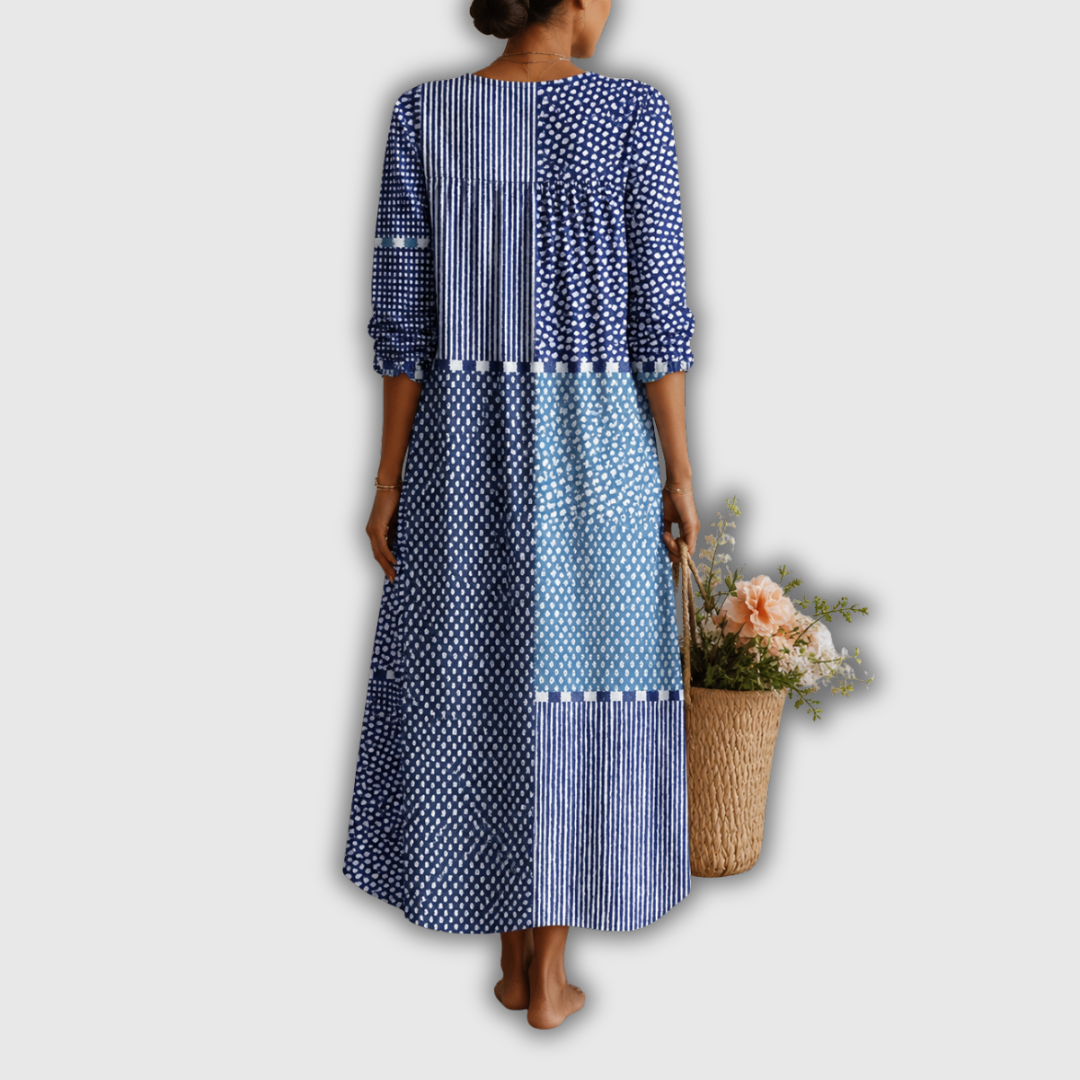 Women's patchwork midi dress with V-neckline and three-quarter sleeves