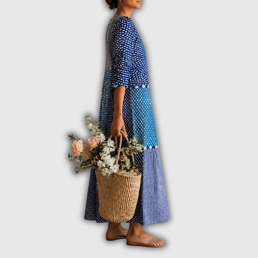 Women's patchwork midi dress with V-neckline and three-quarter sleeves