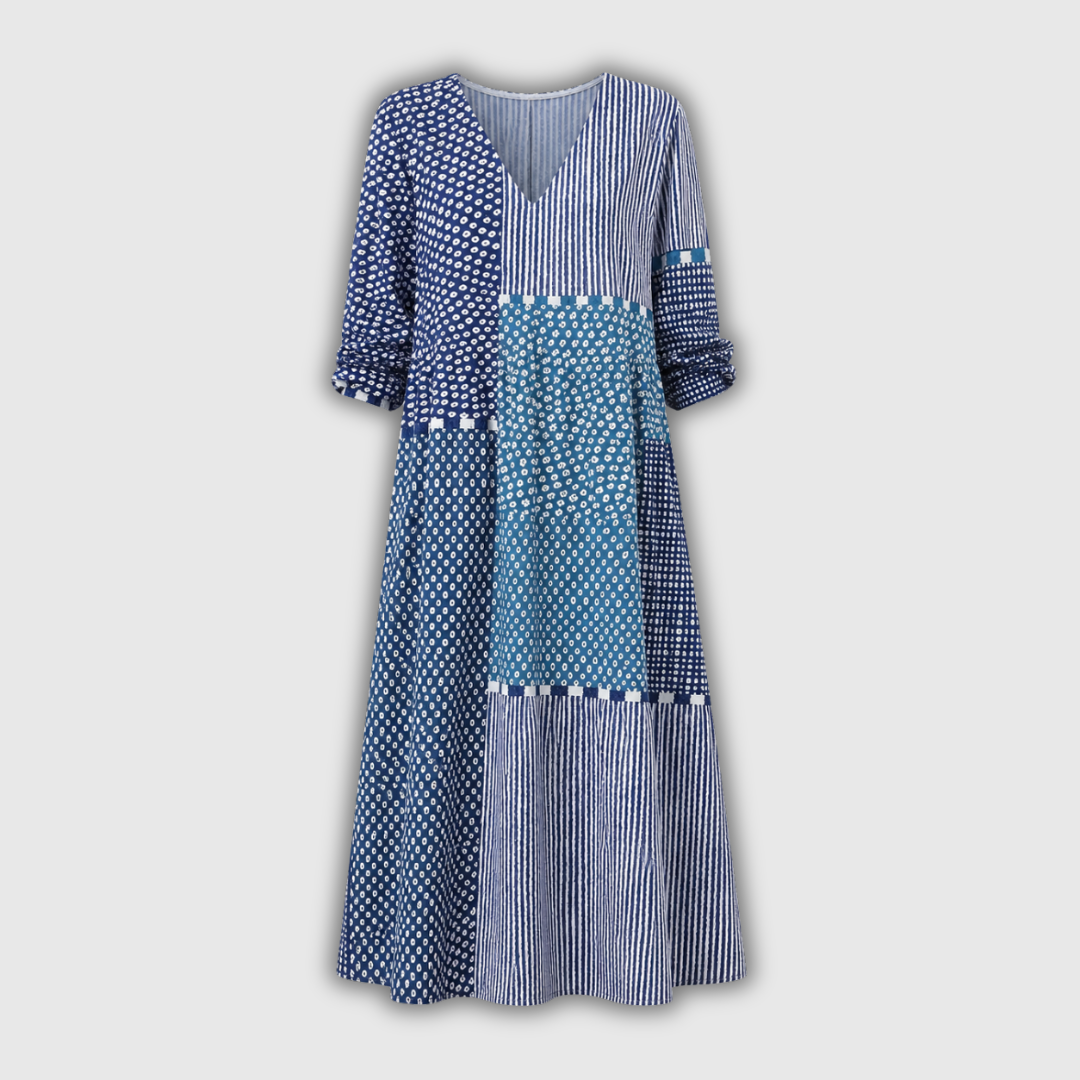 Women's patchwork midi dress with V-neckline and three-quarter sleeves